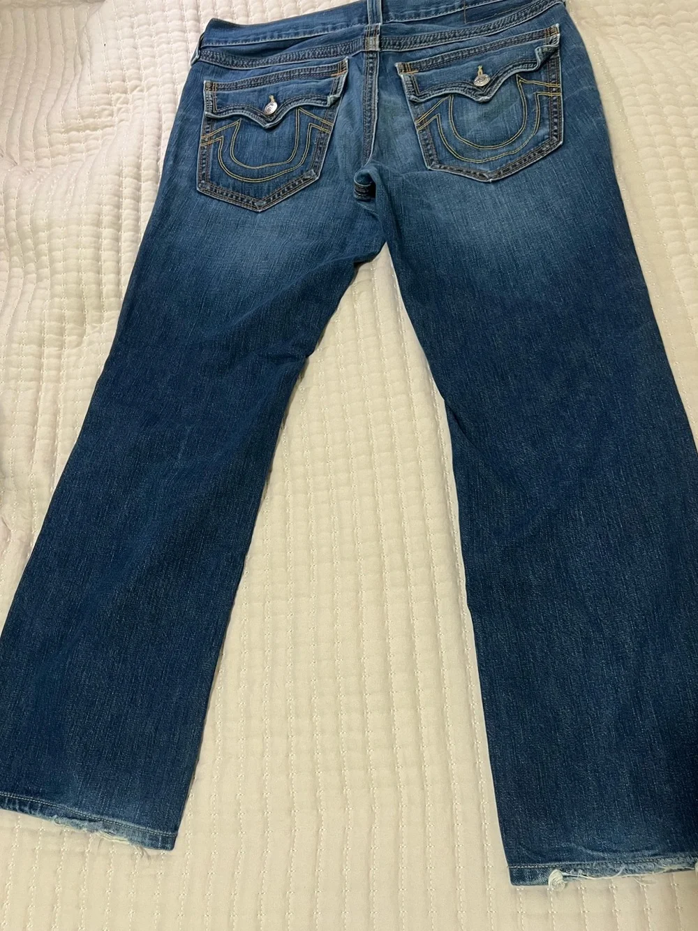 True Religion Men's USA Made Dark Blue Denim Bootcut Jeans with Gold Stitching